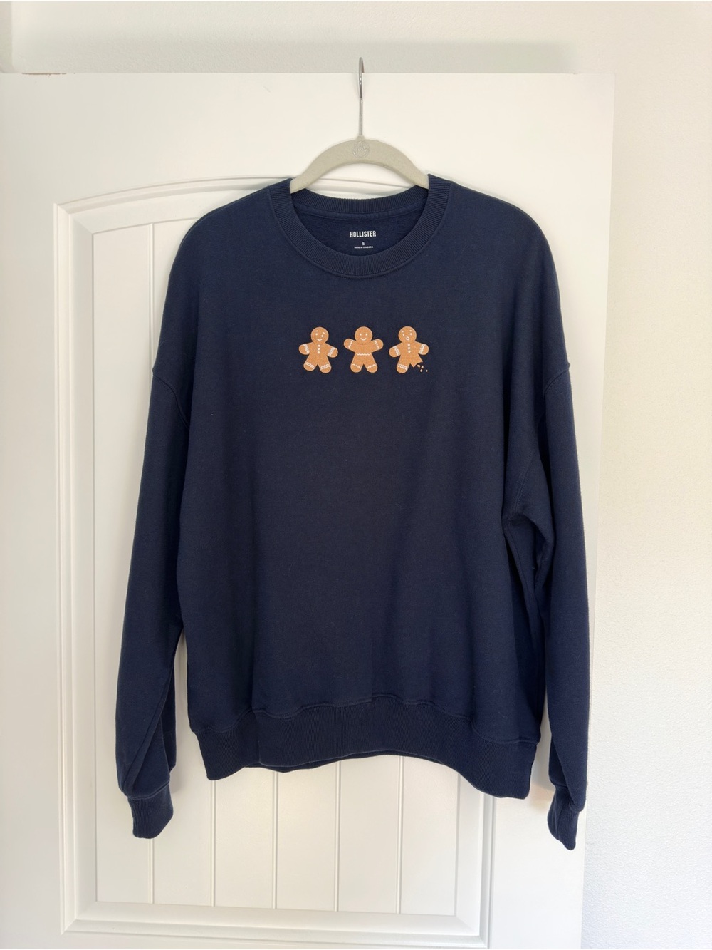 Hollister Christmas Navy Crewneck with Embroidered Gingerbread